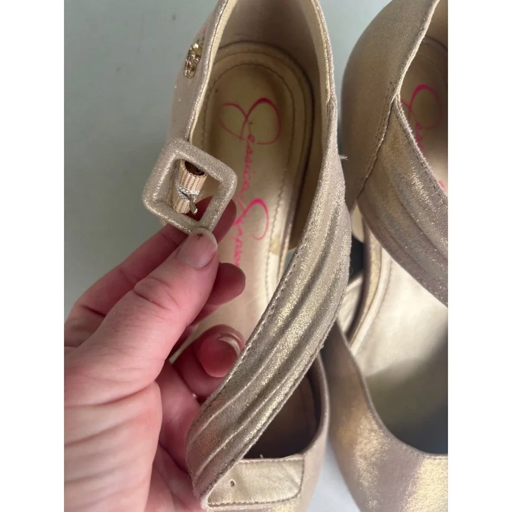 Jessica Simpson Girls Gold Metallic Mary Jane Dress Shoes Heels Buckle Strap